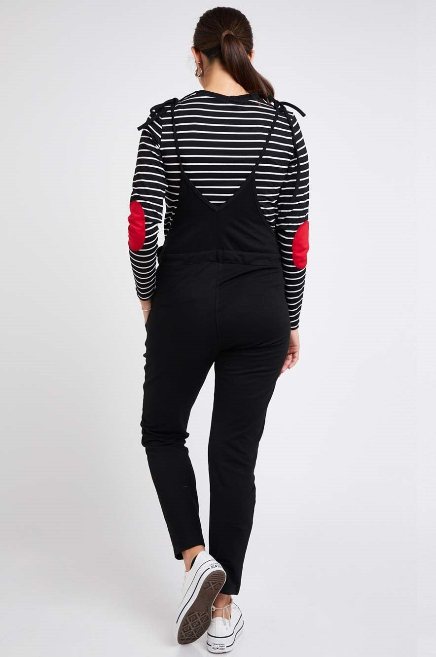 Women's Cotton Black maternity & post natal long Overalls with adjustable straps and under the bump tie