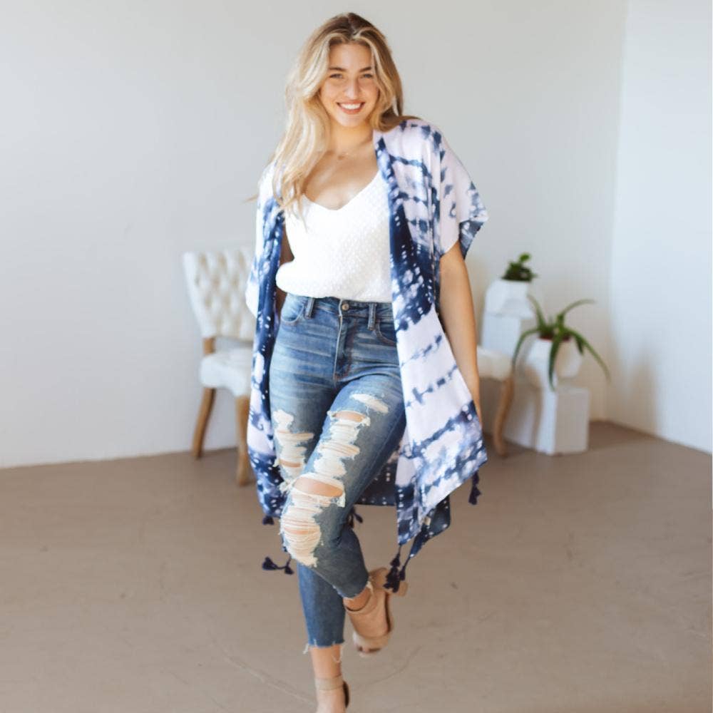 Women's white and navy blue tie dye print tassel Kimono sweater - O/S