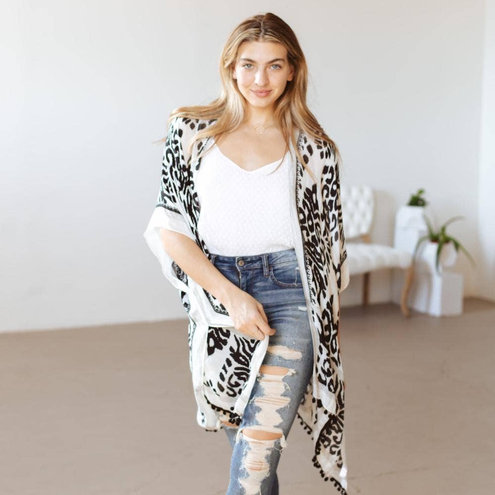 Women's Black and White Kilim Print tassel Kimono top - O/S