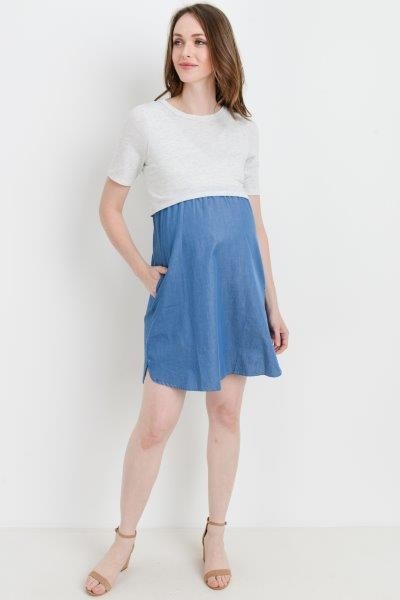 Women's light grey and denim blue round neck short sleeve maternity & nursing dress with side pockets