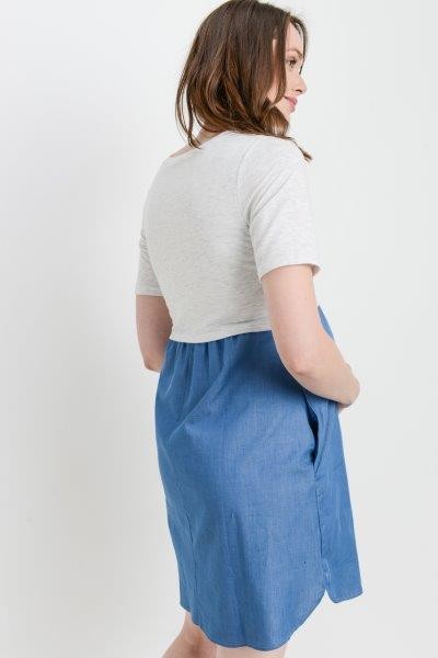 Women's light grey and denim blue round neck short sleeve maternity & nursing dress with side pockets