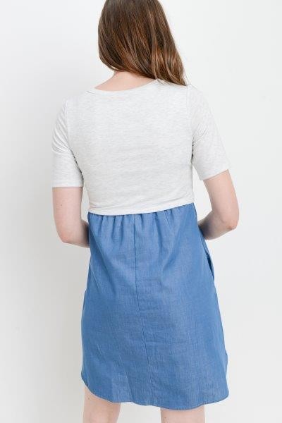 Women's light grey and denim blue round neck short sleeve maternity & nursing dress with side pockets