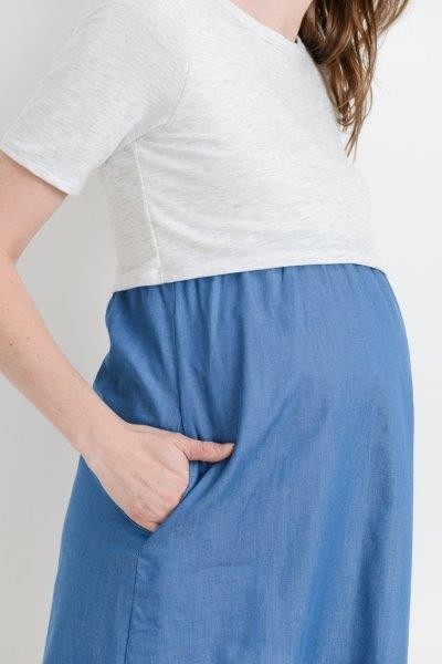 Women's light grey and denim blue round neck short sleeve maternity & nursing dress with side pockets