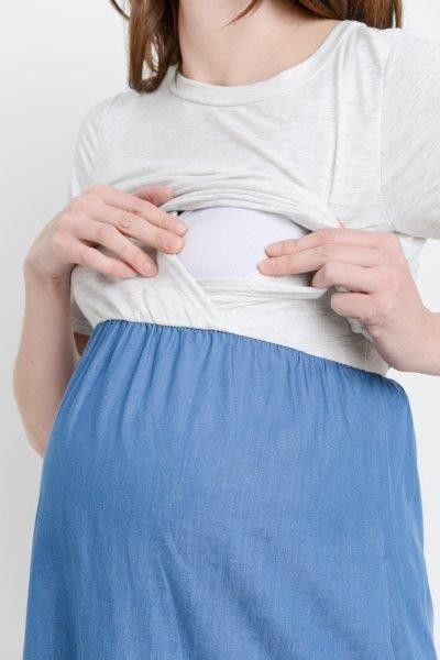 Women's light grey and denim blue round neck short sleeve maternity & nursing dress with side pockets