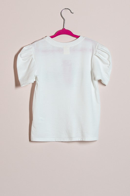 Girls white puff sleeve cotton "Mas Amor por favor" T-shirt and black linen shorts - Kids clothing