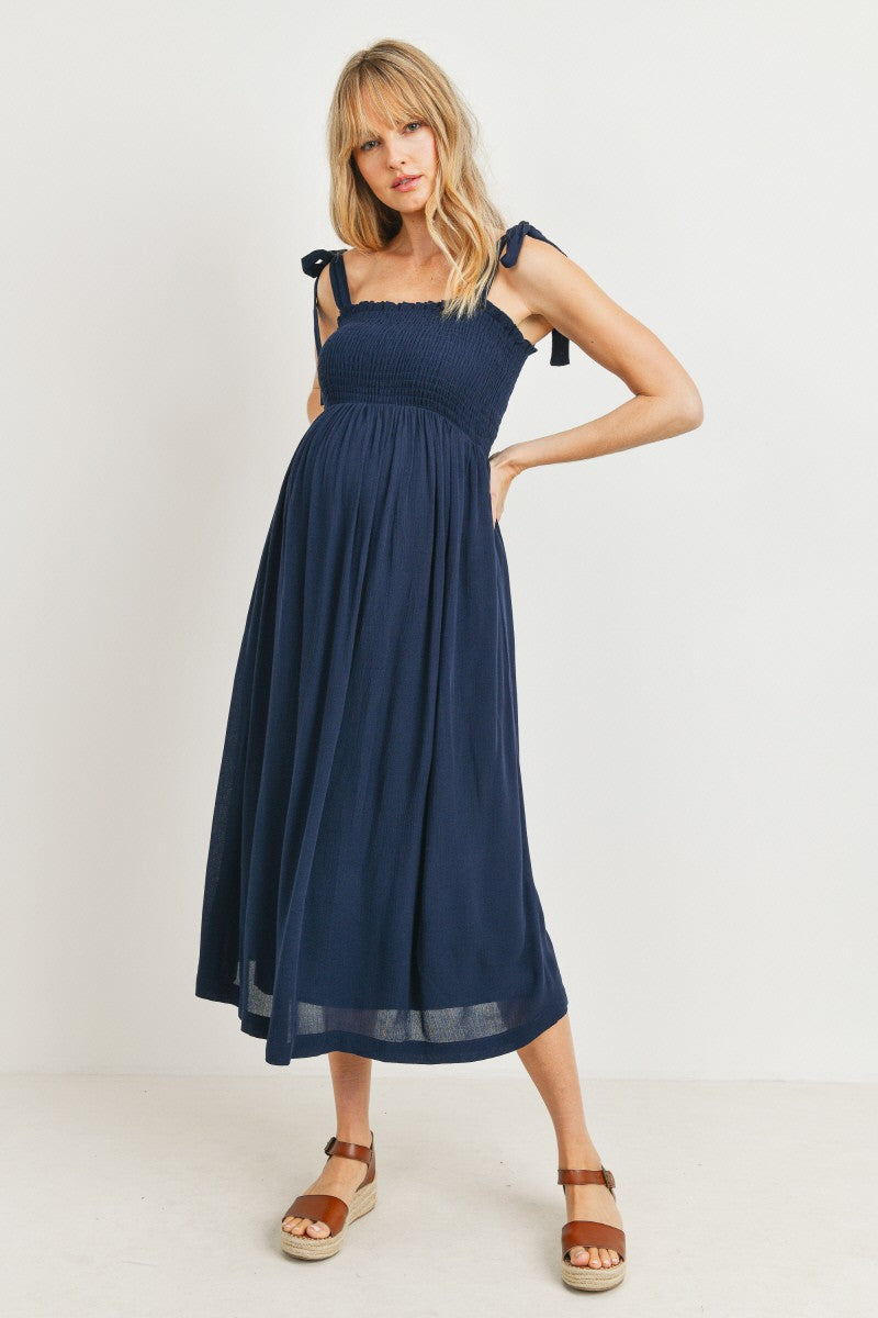 Women's navy blue rayon smocked maternity & post natal flowy midi dress with adjustable tie straps