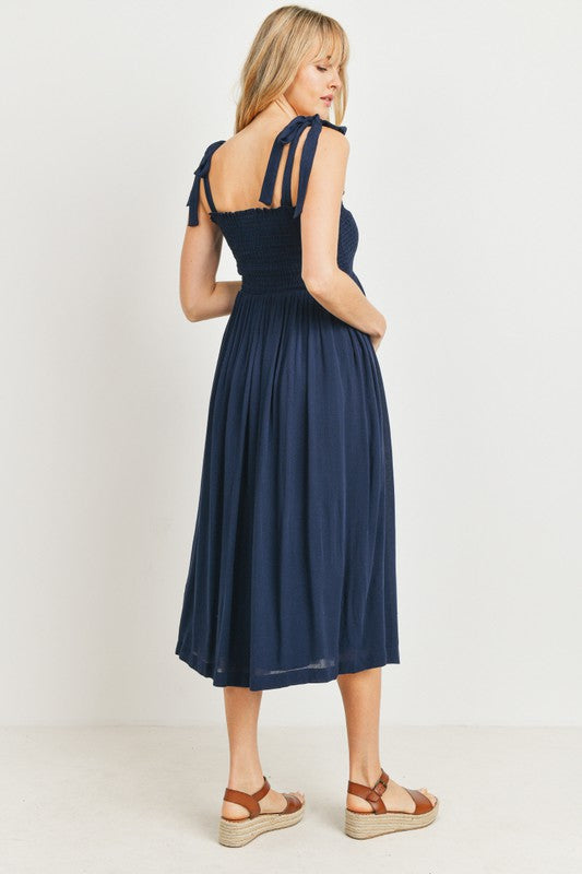 Women's navy blue rayon smocked maternity & post natal flowy midi dress with adjustable tie straps