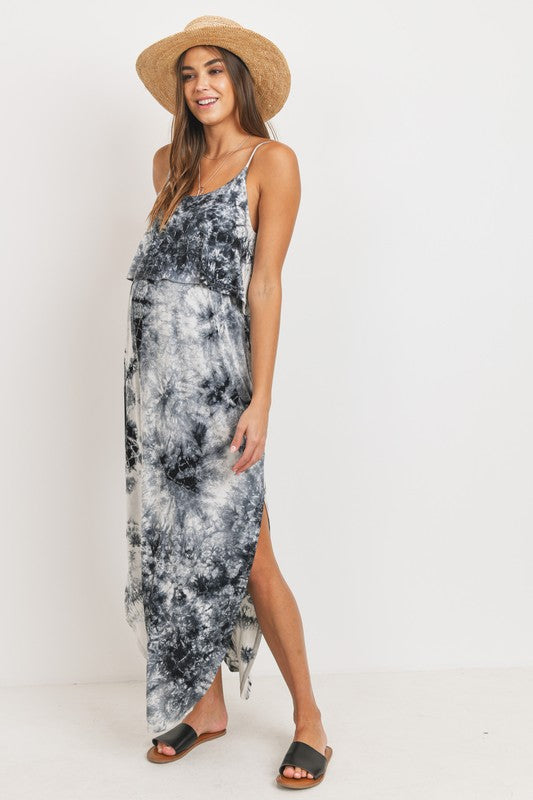 Women's black & white tie dye rayon Maternity & Nursing tank Maxi Dress with side slits