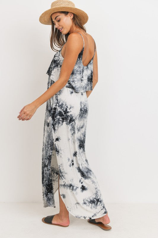 Women's black & white tie dye rayon Maternity & Nursing tank Maxi Dress with side slits