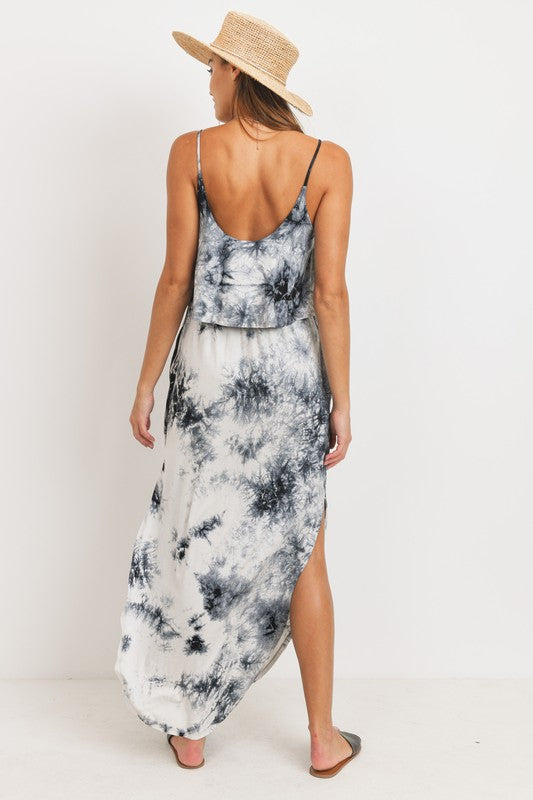 Women's black & white tie dye rayon Maternity & Nursing tank Maxi Dress with side slits