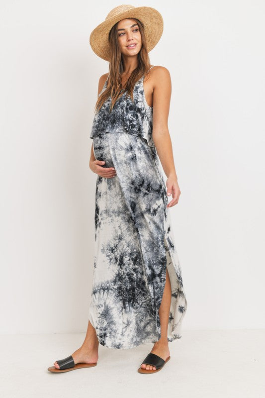 Women's black & white tie dye rayon Maternity & Nursing tank Maxi Dress with side slits