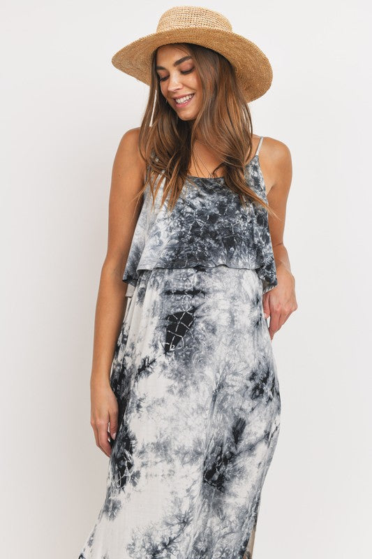Women's black & white tie dye rayon Maternity & Nursing tank Maxi Dress with side slits