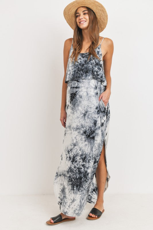 Women's black & white tie dye rayon Maternity & Nursing tank Maxi Dress with side slits