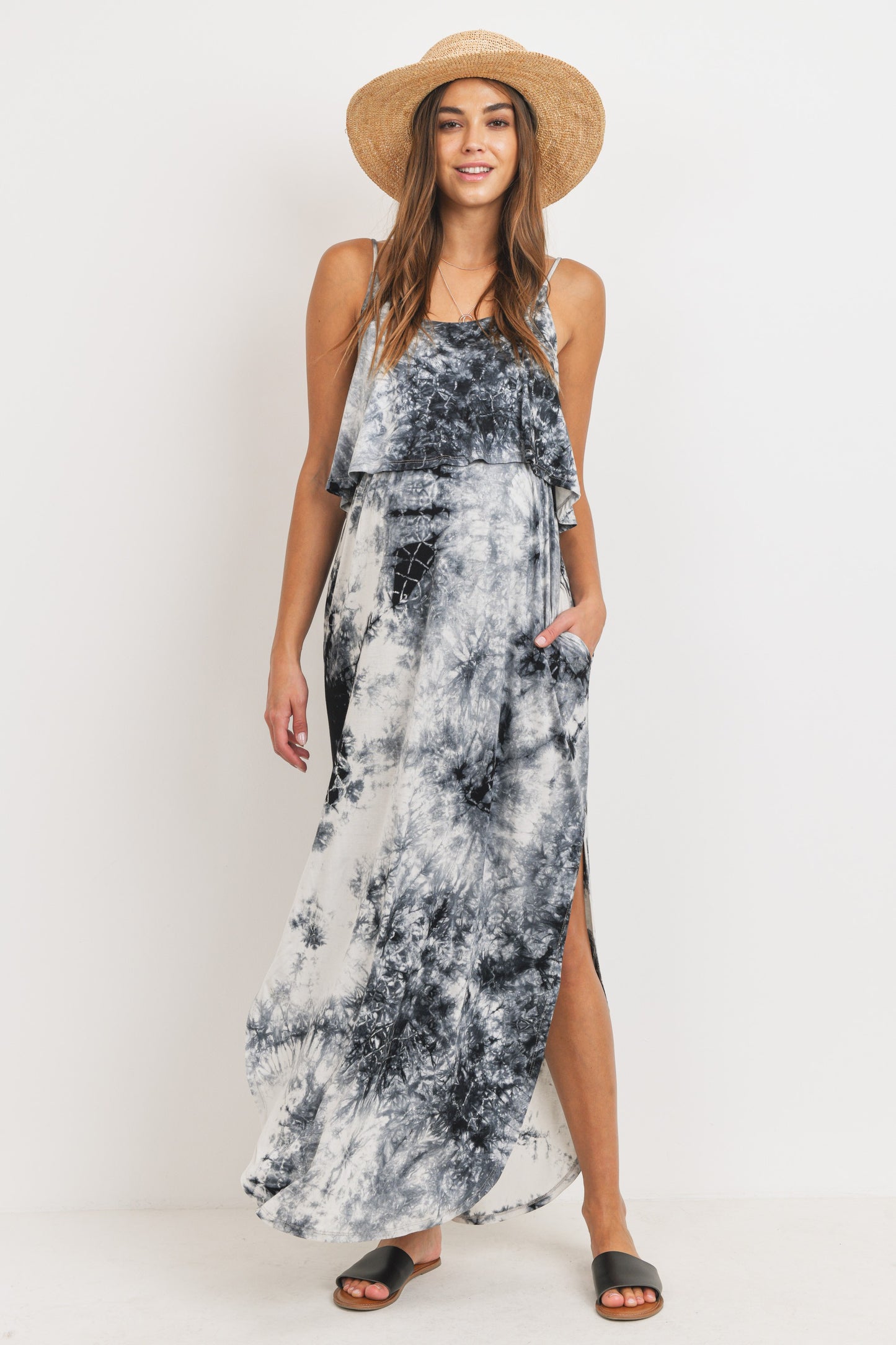 Women's black & white tie dye rayon Maternity & Nursing tank Maxi Dress with side slits