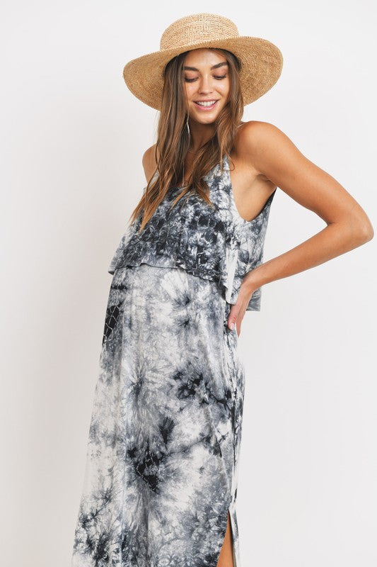 Women's black & white tie dye rayon Maternity & Nursing tank Maxi Dress with side slits