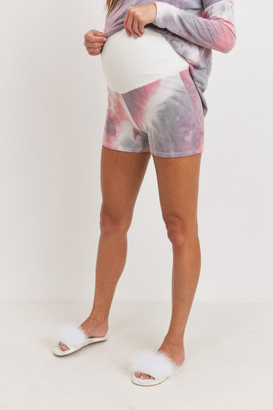 Women's long sleeve over the bump shorts pink & lavender Tie Dye Drop Shoulder lounge Set
