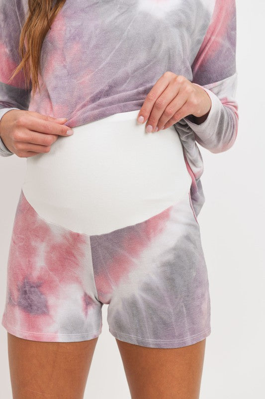 Women's long sleeve over the bump shorts pink & lavender Tie Dye Drop Shoulder lounge Set