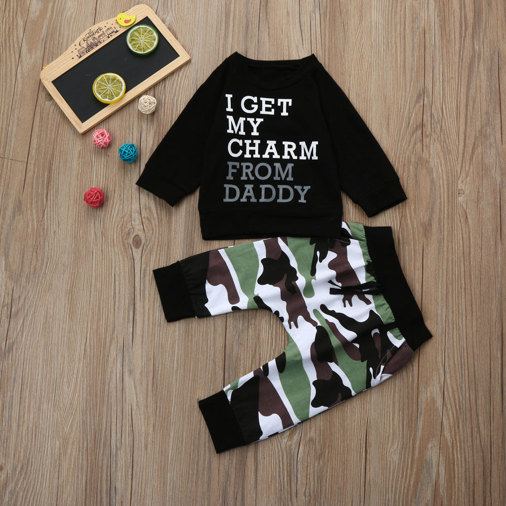 Boys kids and baby camo pants and black top set