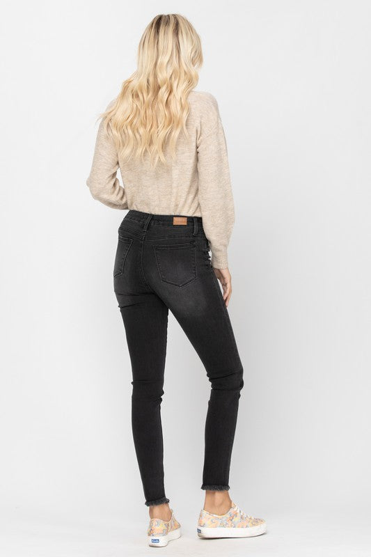 Women's Black Plus Size under the bump skinny leg maternity jeans with frayed ankles