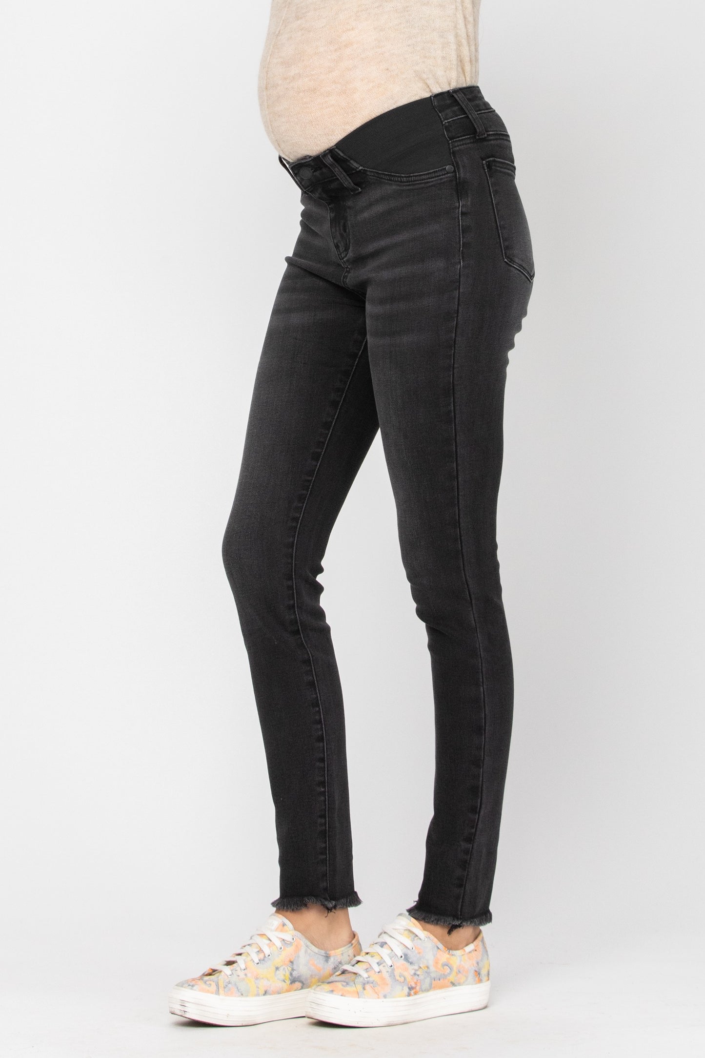 Women's Black Plus Size under the bump skinny leg maternity jeans with frayed ankles