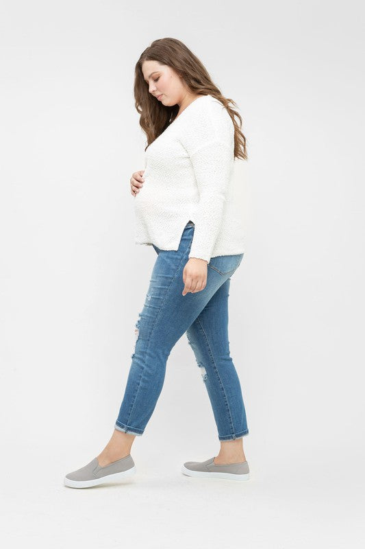 Women's distressed Denim Blue Plus Size under the bump slim leg cropped maternity jeans