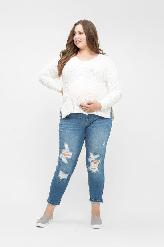 Women's distressed Denim Blue Plus Size under the bump slim leg cropped maternity jeans