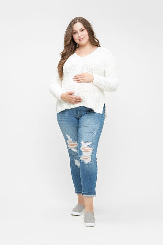 Women's distressed Denim Blue Plus Size under the bump slim leg cropped maternity jeans