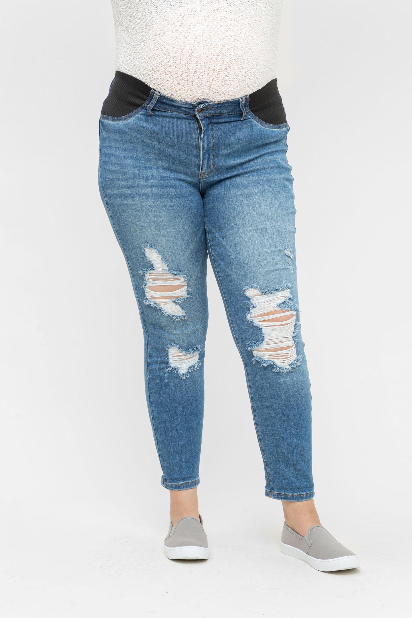 Women's distressed Denim Blue Plus Size under the bump slim leg cropped maternity jeans