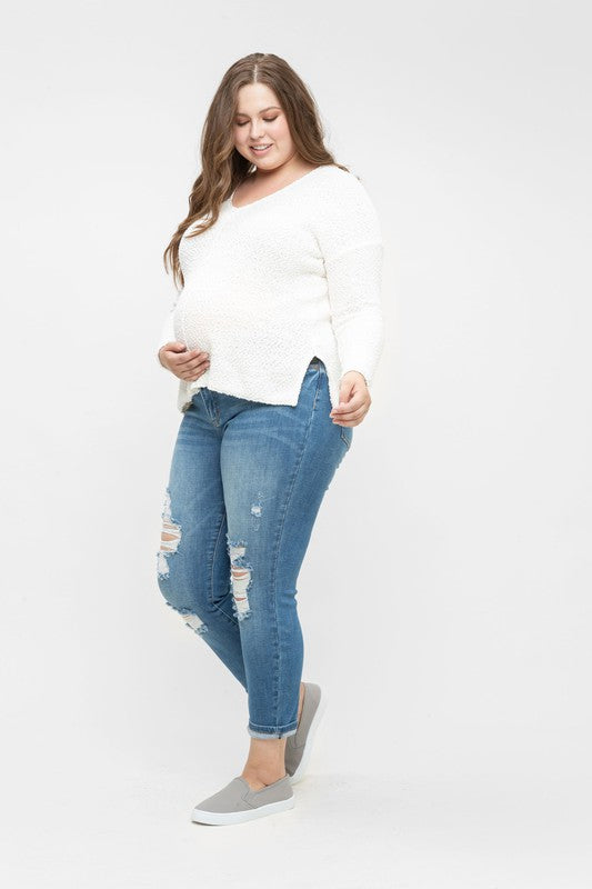 Women's distressed Denim Blue Plus Size under the bump slim leg cropped maternity jeans