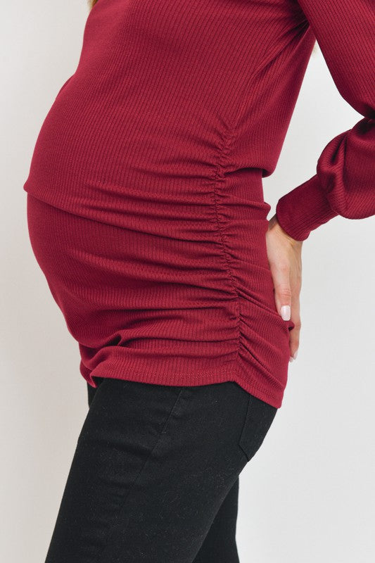 Women's Burgundy Puff Shoulder Ribbed Maternity Mock Neck Top