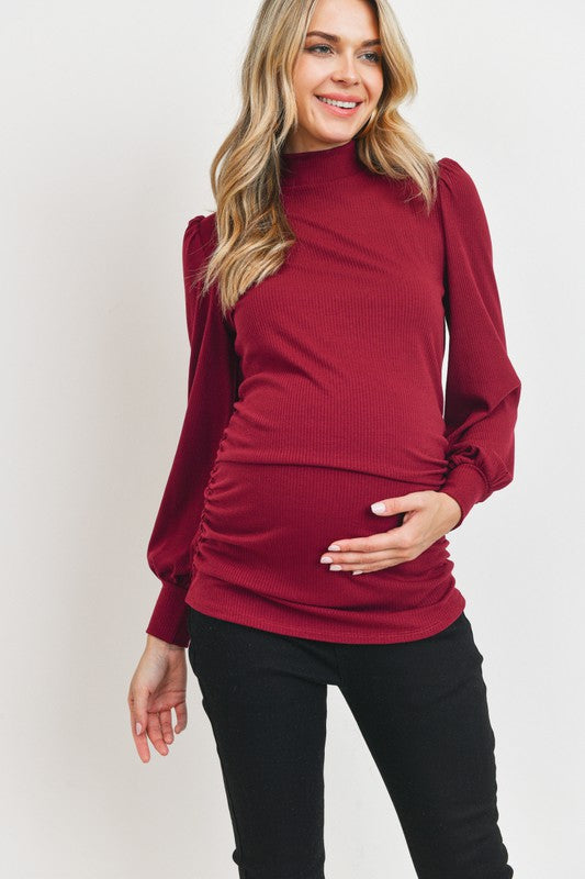 Women's Burgundy Puff Shoulder Ribbed Maternity Mock Neck Top