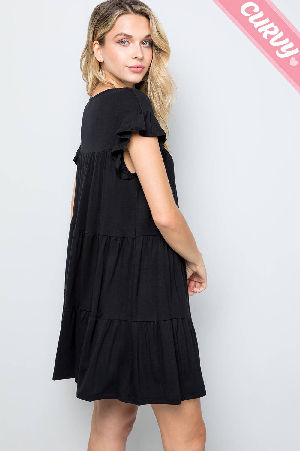 Women's plus size round neck short sleeve black rayon solid tiered maternity & post natal mini dress