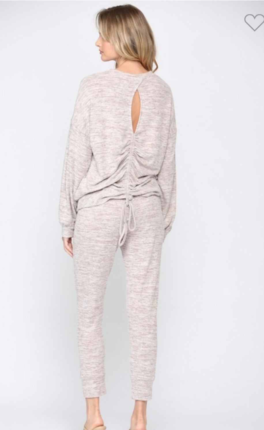 Women's heathered long sleeve top and tapered ankle pant Lounge set with back ruching - in light Grey or Blush Pink