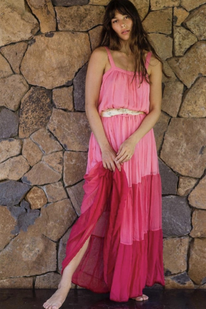 Women's Maternity & Post Natal Pink multi 3 teired cotton maxi dress