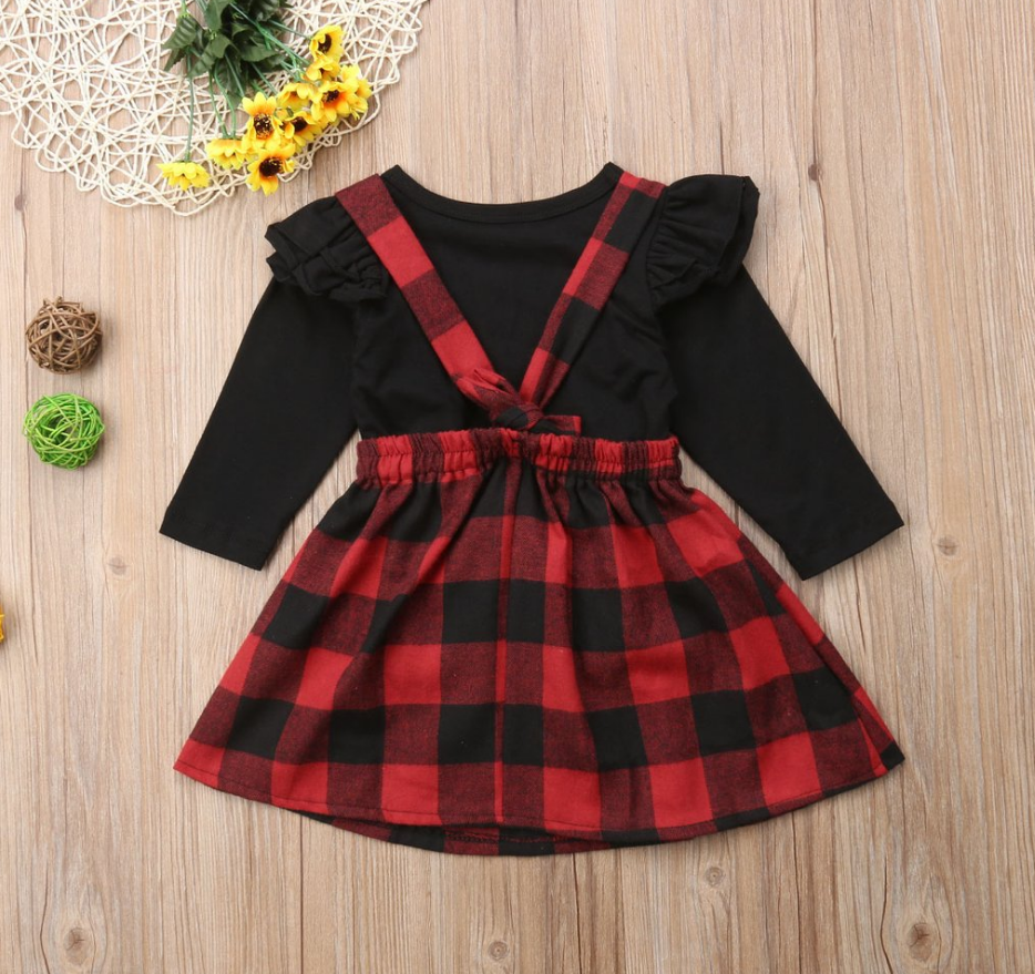 Girls and baby black long-sleeved plaid strap dress two-piece set