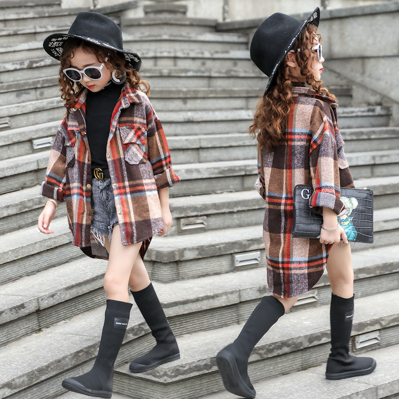 Girls' Plaid Shirt Mid-length with Fashion Dovetail