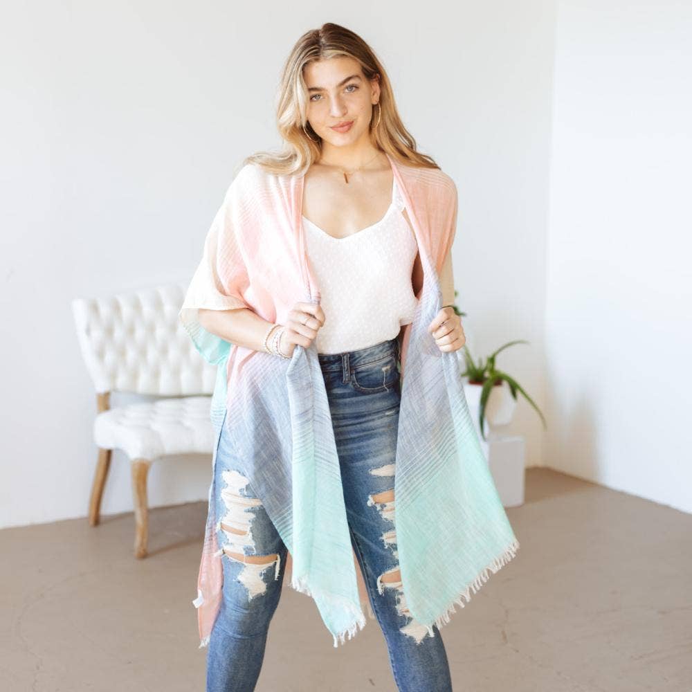 Women's blush and turquoise ombre Print Kimono chawl sweater - O/S