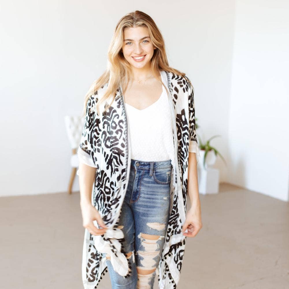 Women's Black and White Kilim Print tassel Kimono top - O/S