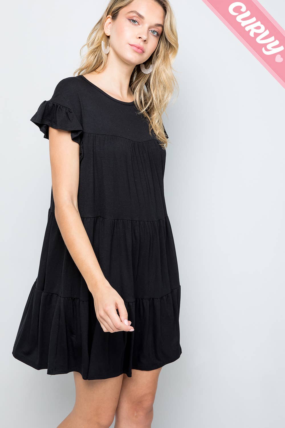 Women's plus size round neck short sleeve black rayon solid tiered maternity & post natal mini dress