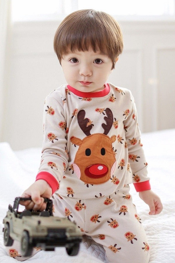 Toddler unisex cotton reindeer 2 piece beige pajama