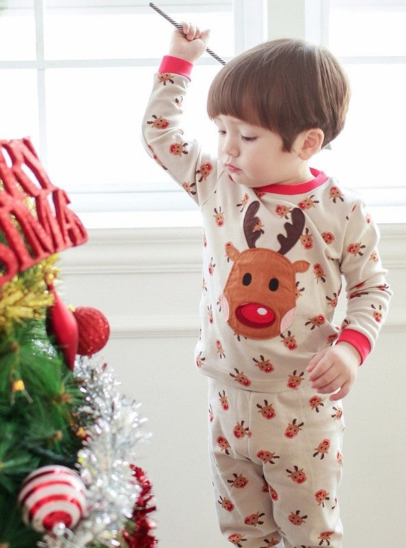 Toddler unisex cotton reindeer 2 piece beige pajama