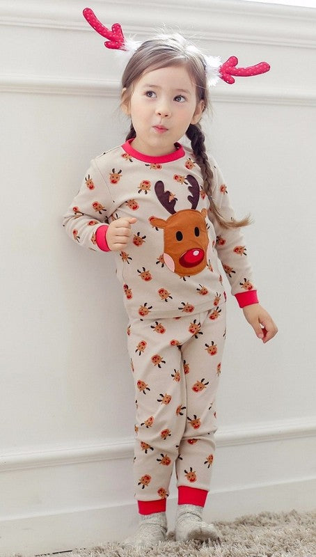 Toddler unisex cotton reindeer 2 piece beige pajama