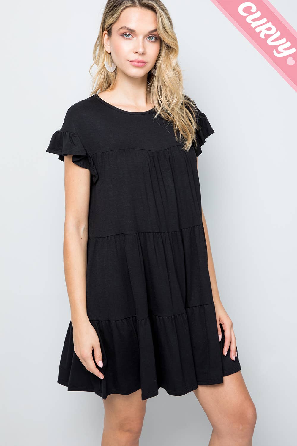 Women's plus size round neck short sleeve black rayon solid tiered maternity & post natal mini dress