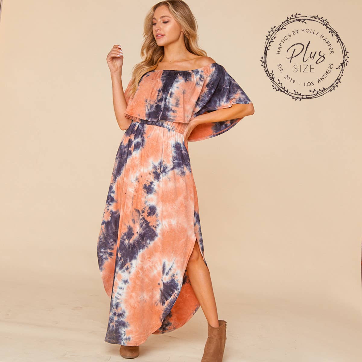 Women's Plus size off the shoulder Navy/ Coral tie dye flowy maxi dress