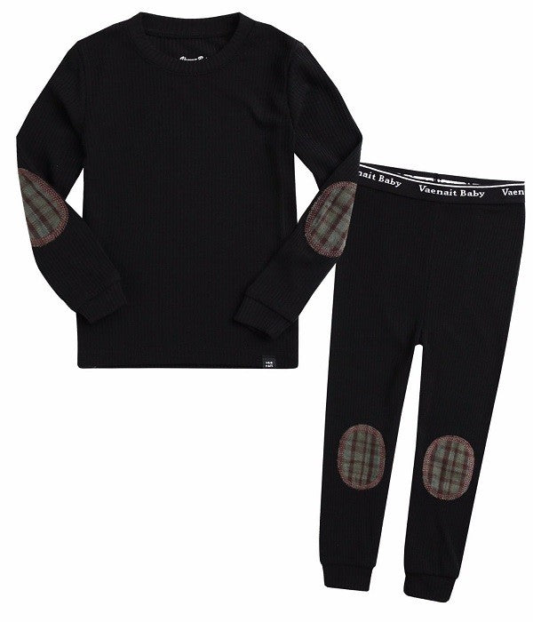 Toddler black 2 piece cotton pajama with knee and elbow patches
