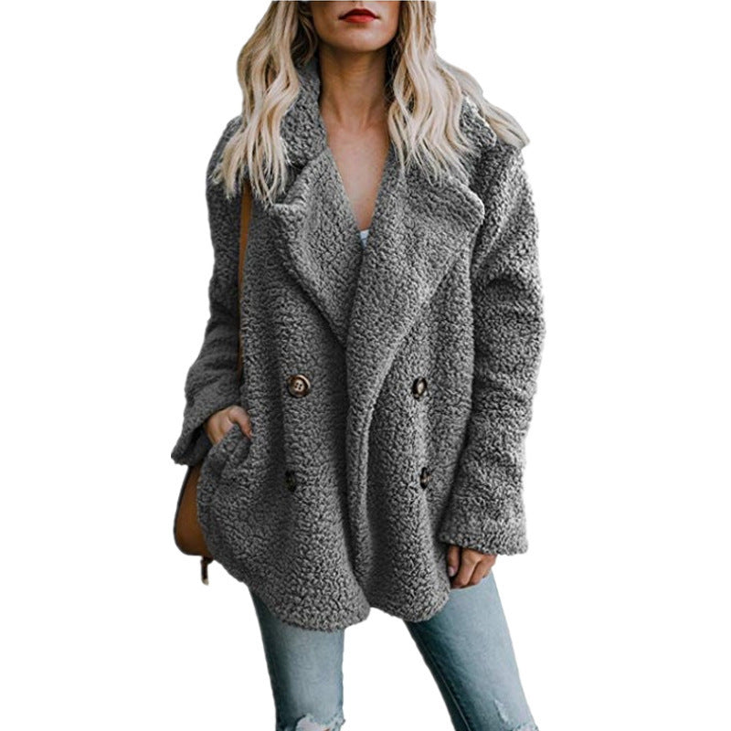 Women's plush button up coat with pockets