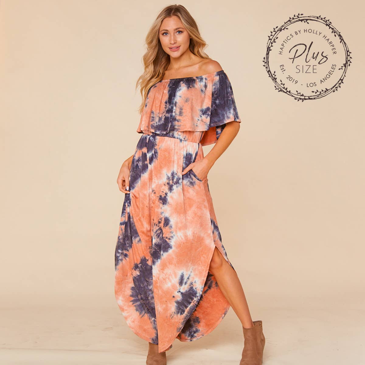 Women's Plus size off the shoulder Navy/ Coral tie dye flowy maxi dress