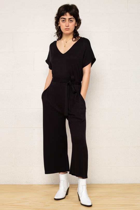Women's black kimono sleeve plus size cropped leg maternity & post natal jumpsuit with tie belt
