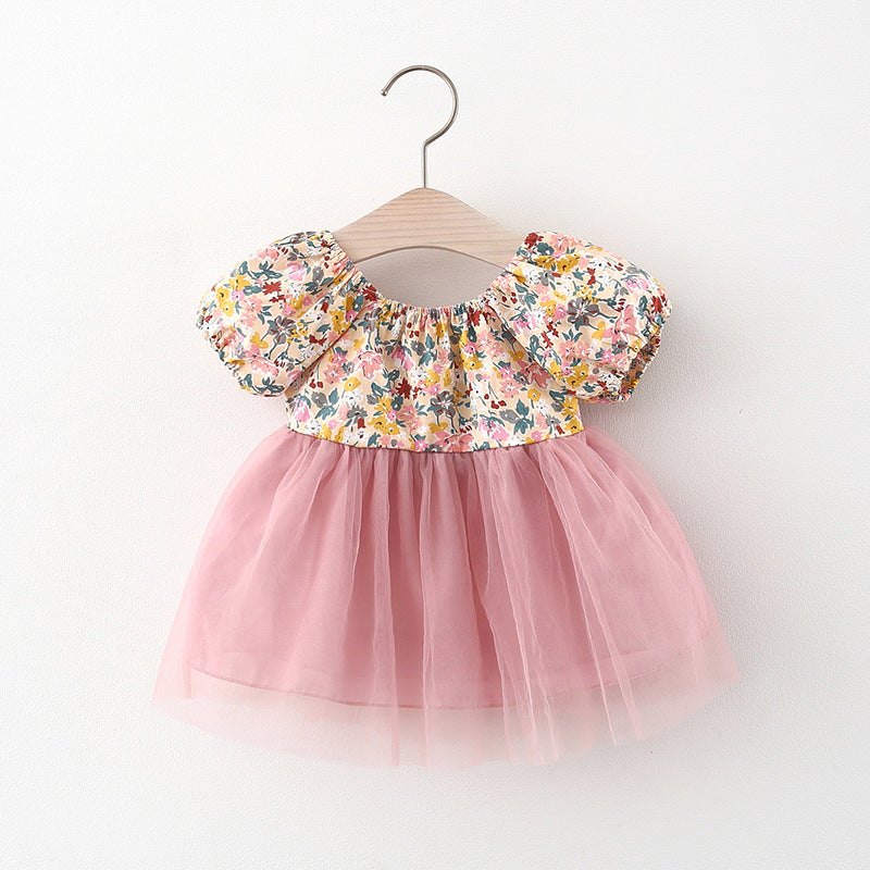 Little Girls cotton Floral puff sleeves back tie rose pink chiffon lined tutu dress - kids clothing