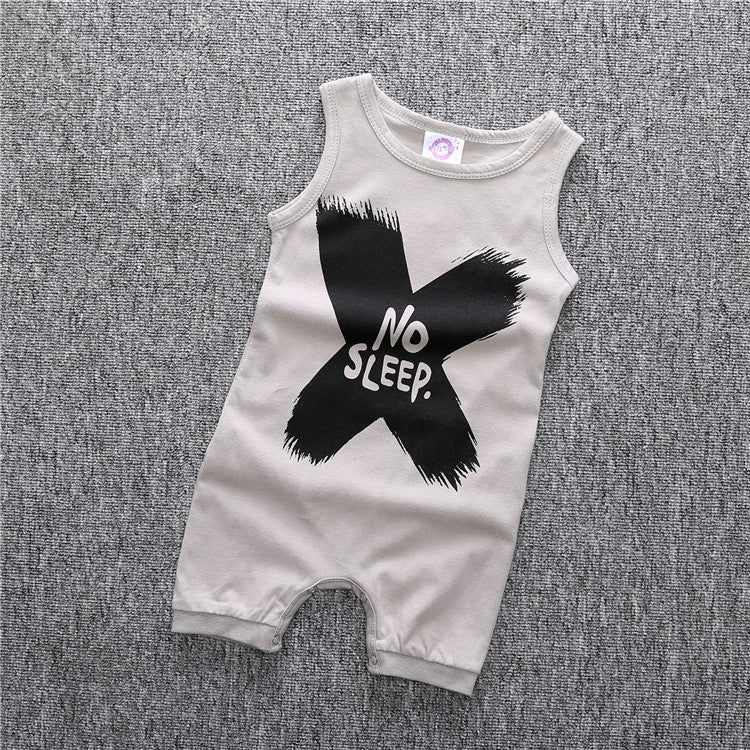 Cotton sleeveless Baby Cropped leg Edgy unisex "No Sleep" baby Romper in Grey